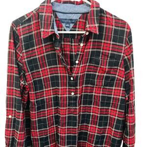 Tommy Hilfiger Women’s Red Black Flannel Shirt Roll Sleeves Size Large